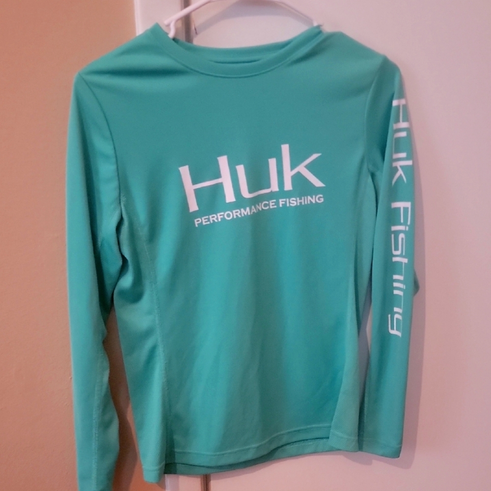 Huk Long Sleeve Performance Fishing Shirt in Teal with White Logo